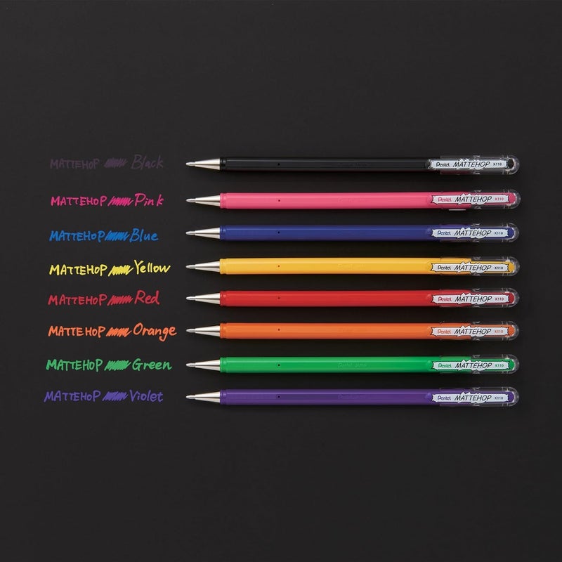 بنتل أسطوانة جل Pentel Arts Hybrid MATTEHOP، 1.0 مم، أسود مطفي، أحمر مطفي، أزرق مطفي، أخضر مطفي، عبوة من 4 أقلام (K110VBP4M) - Image 5